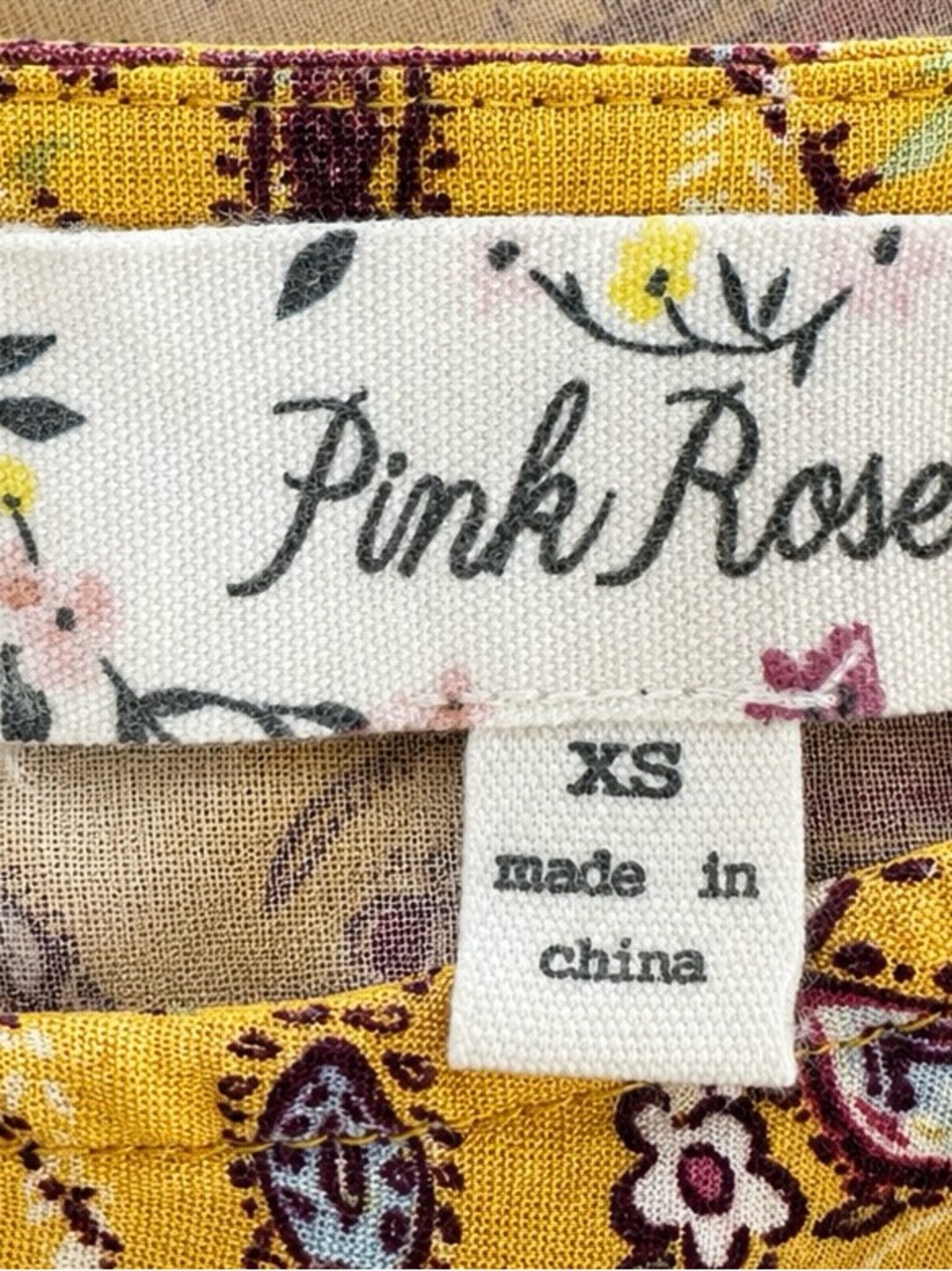 Pink Rose Mustard Yellow Boho Floral Print Mini Dress XS 100% Rayon - Picture 2 of 3